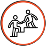 icon of one person helping another person up a flight of stairs