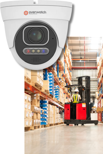 image showing a security camera in front of a photo with a forklift in an aisle of a distribution warehouse