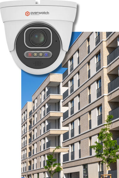 image of an overwatch security camera super imposed over an image of an apartment building