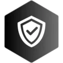 icon on a black hexagonal gradient background with a checkmark and shield