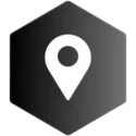 icon on a black hexagonal gradient background with a location icon