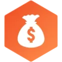 icon on an orange hexagonal gradient background with a money bag icon