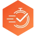 icon on an orange hexagonal gradient background with a stop watch icon