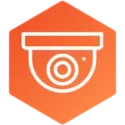 icon on an orange hexagonal gradient background with a security camera icon